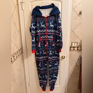 NWOT Men Festive Blue and Red Hooded Onesie